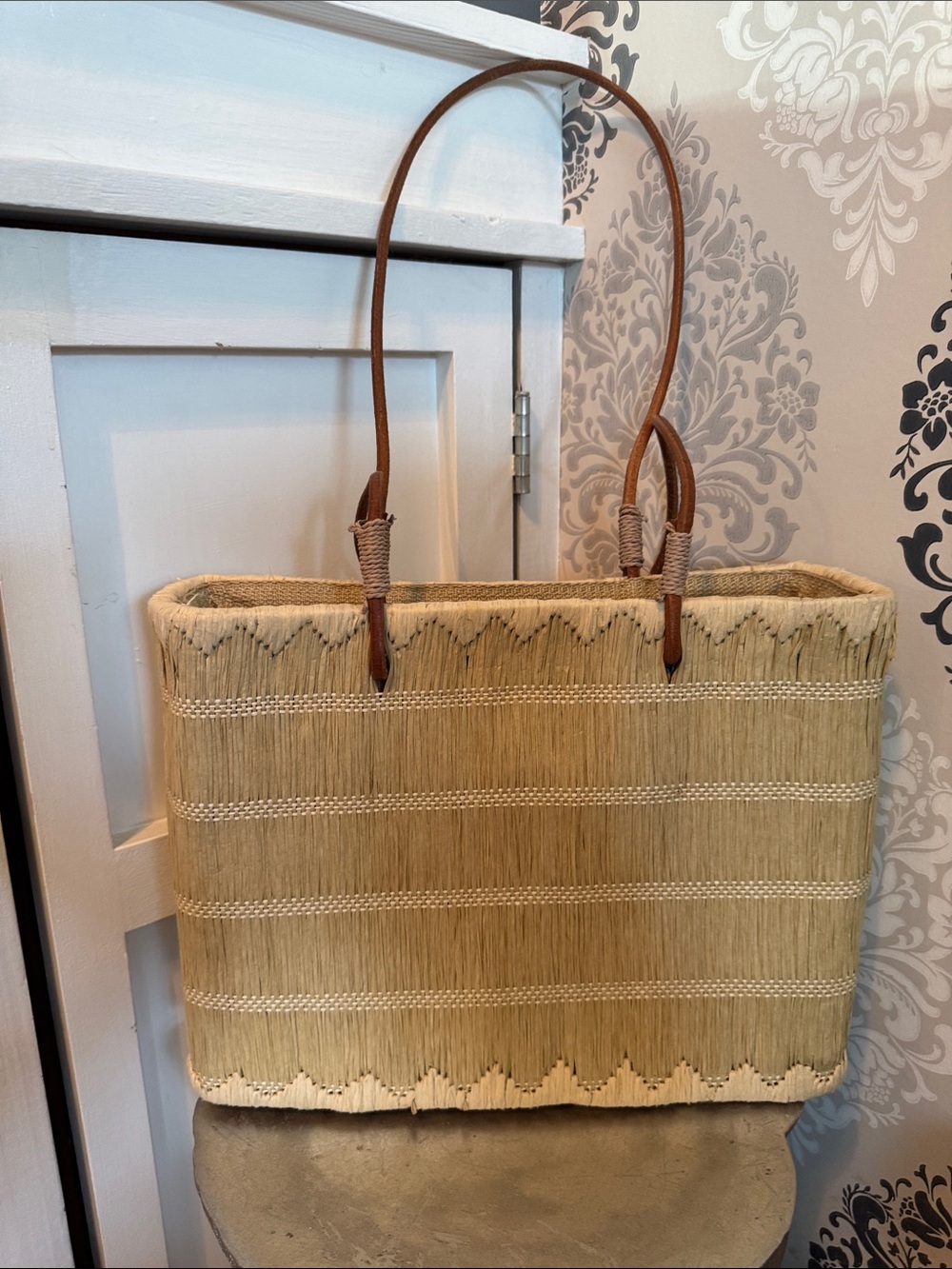 Vintage Woven Straw Tote Bag Brown Leather Handle Summer Purse Rattan Boho Beach